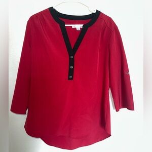 Large Lilac Bloom red 3/4 sleeve with roll tab, black trim, blouse